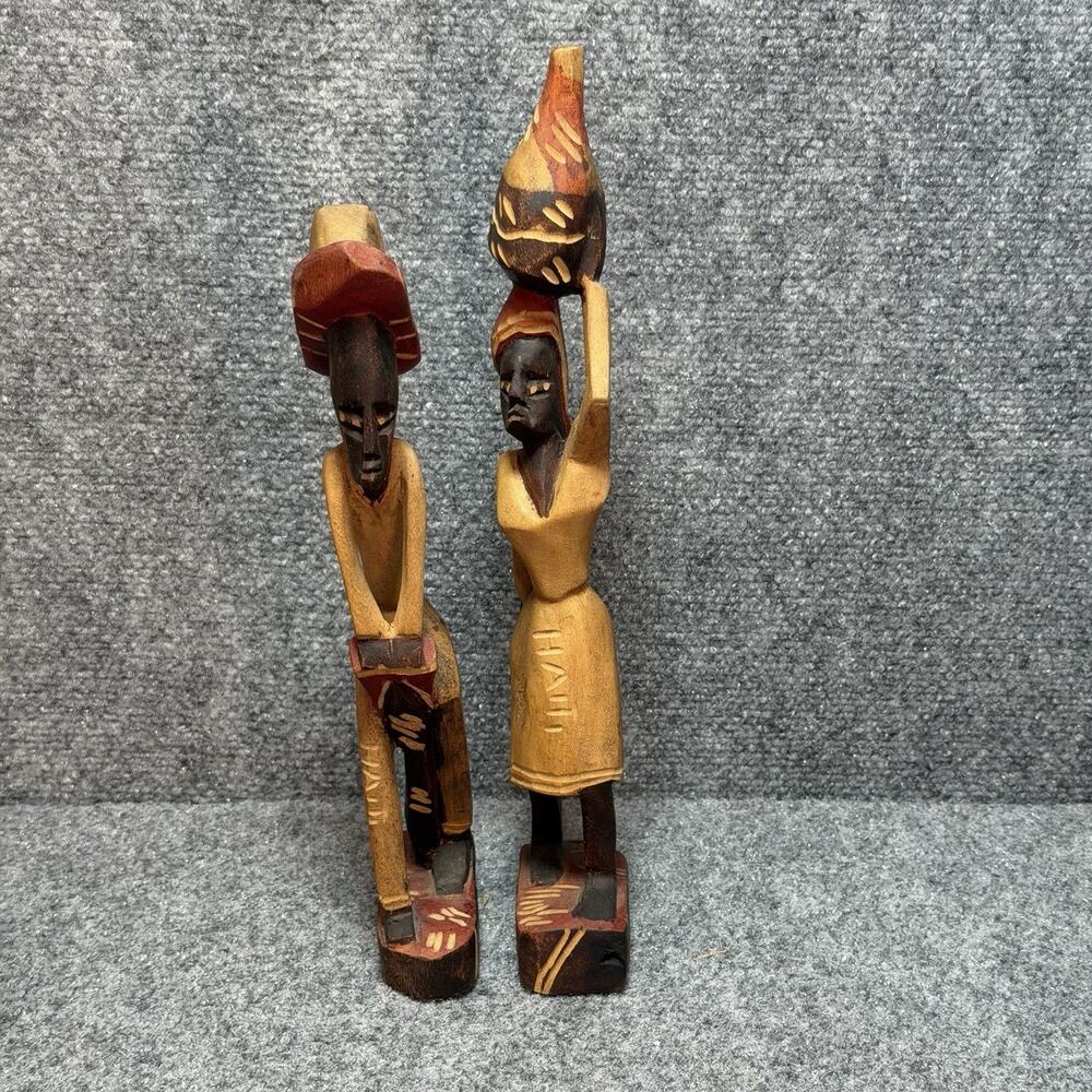 Hand Carved Wooden African Tribal Figurines Man & Woman Statues Fine Art LG